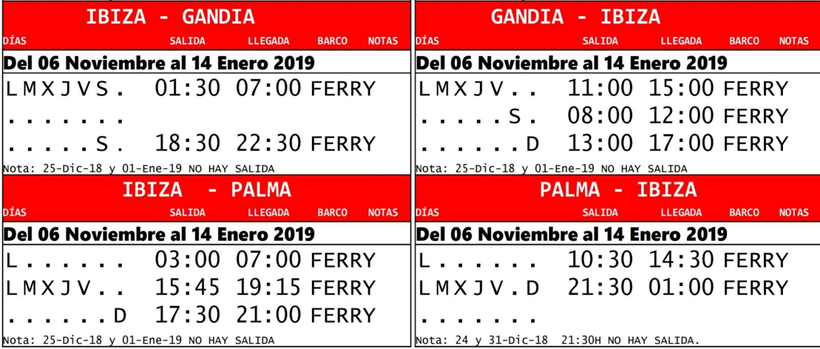 Tabla de horarios por tramos de la línea Gandía-Ibiza-Palma